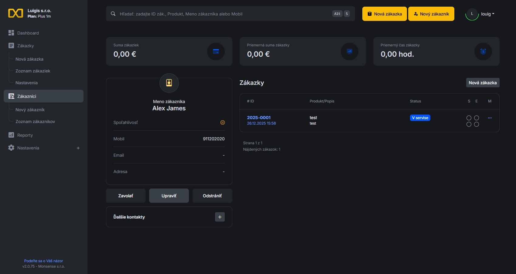 Dashboard aplikácie na evidenciu zákazok orderis.online