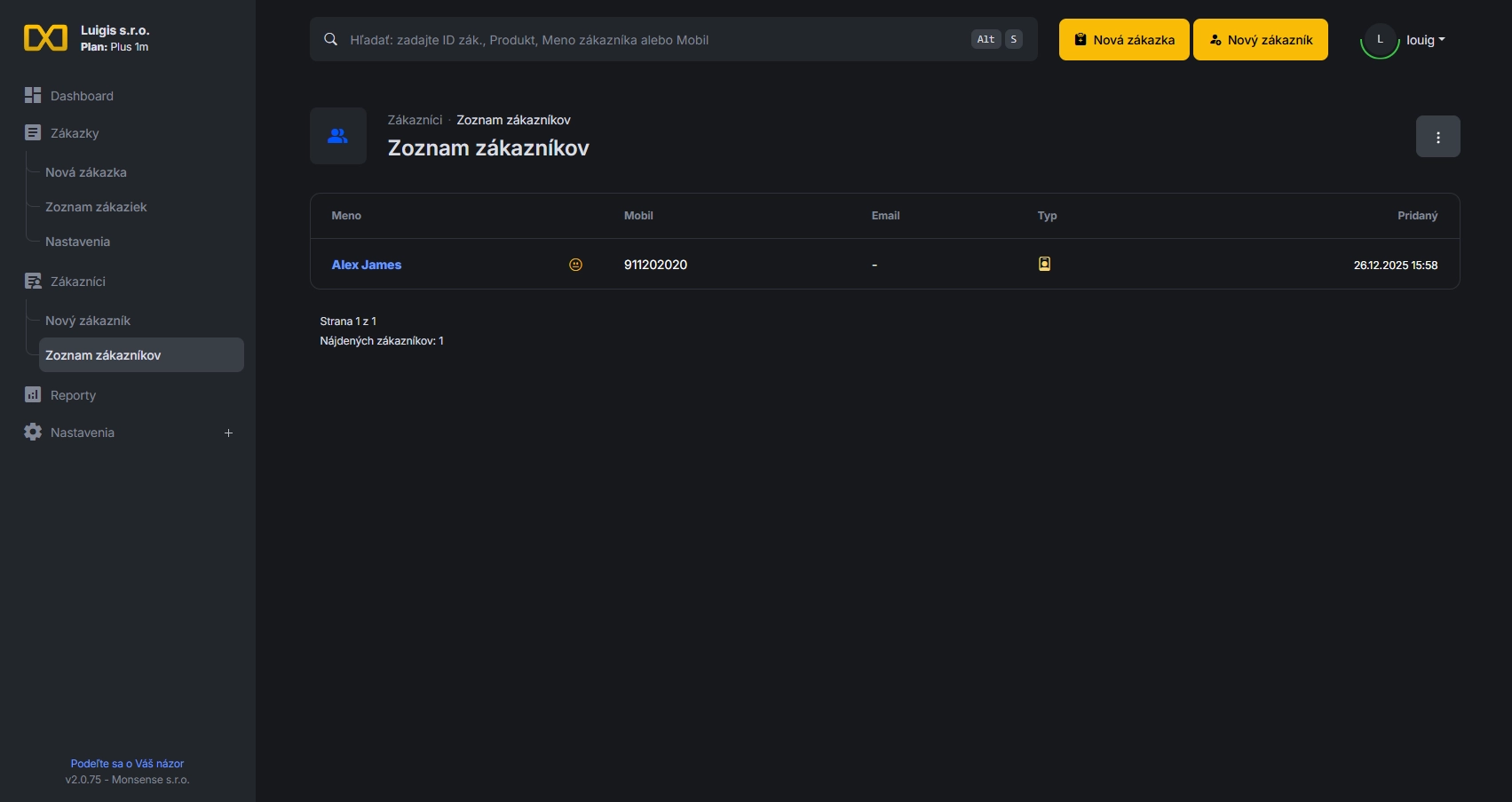 Dashboard aplikácie na evidenciu zákazok orderis.online
