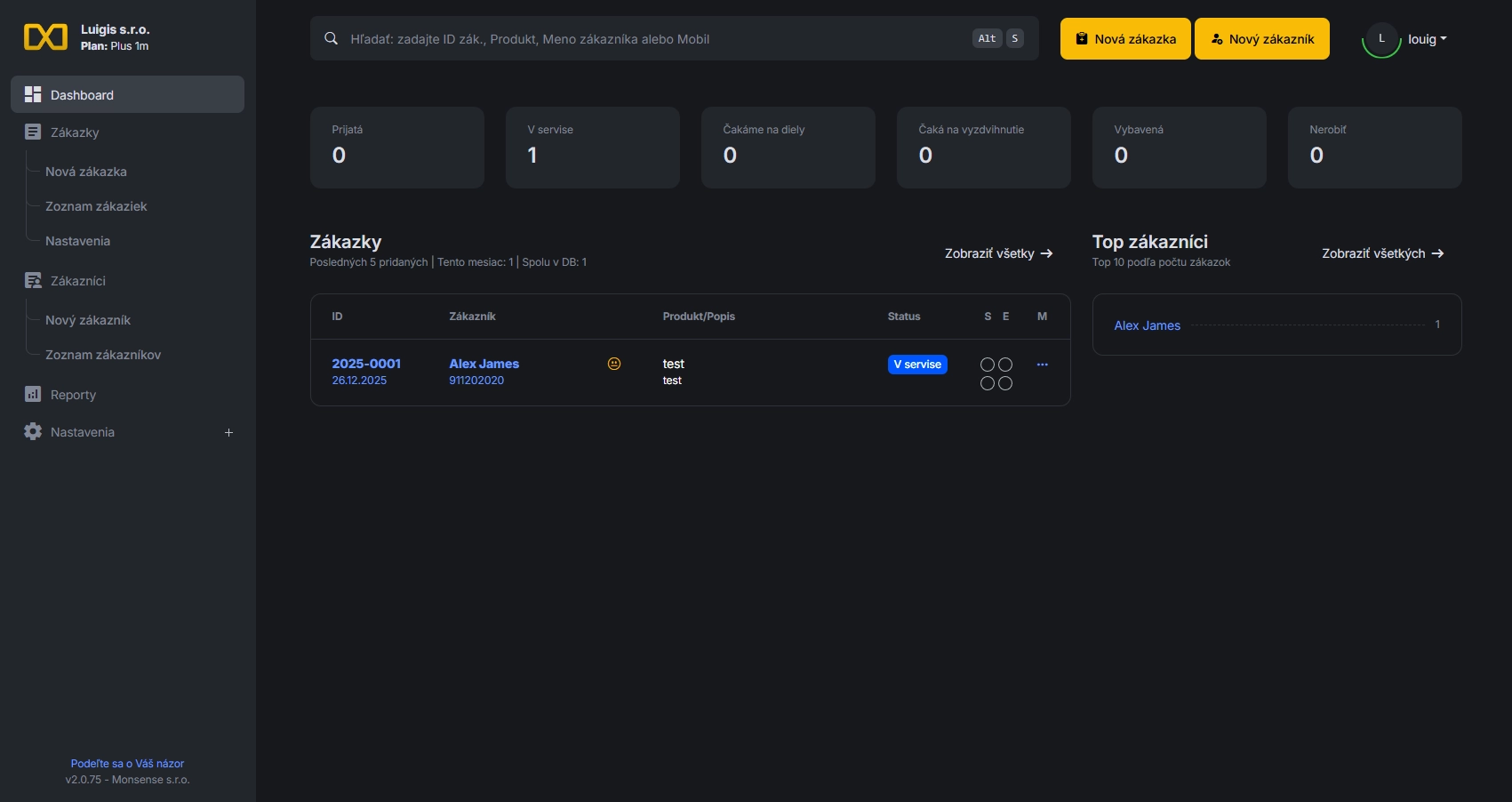 Dashboard aplikácie na evidenciu zákazok orderis.online