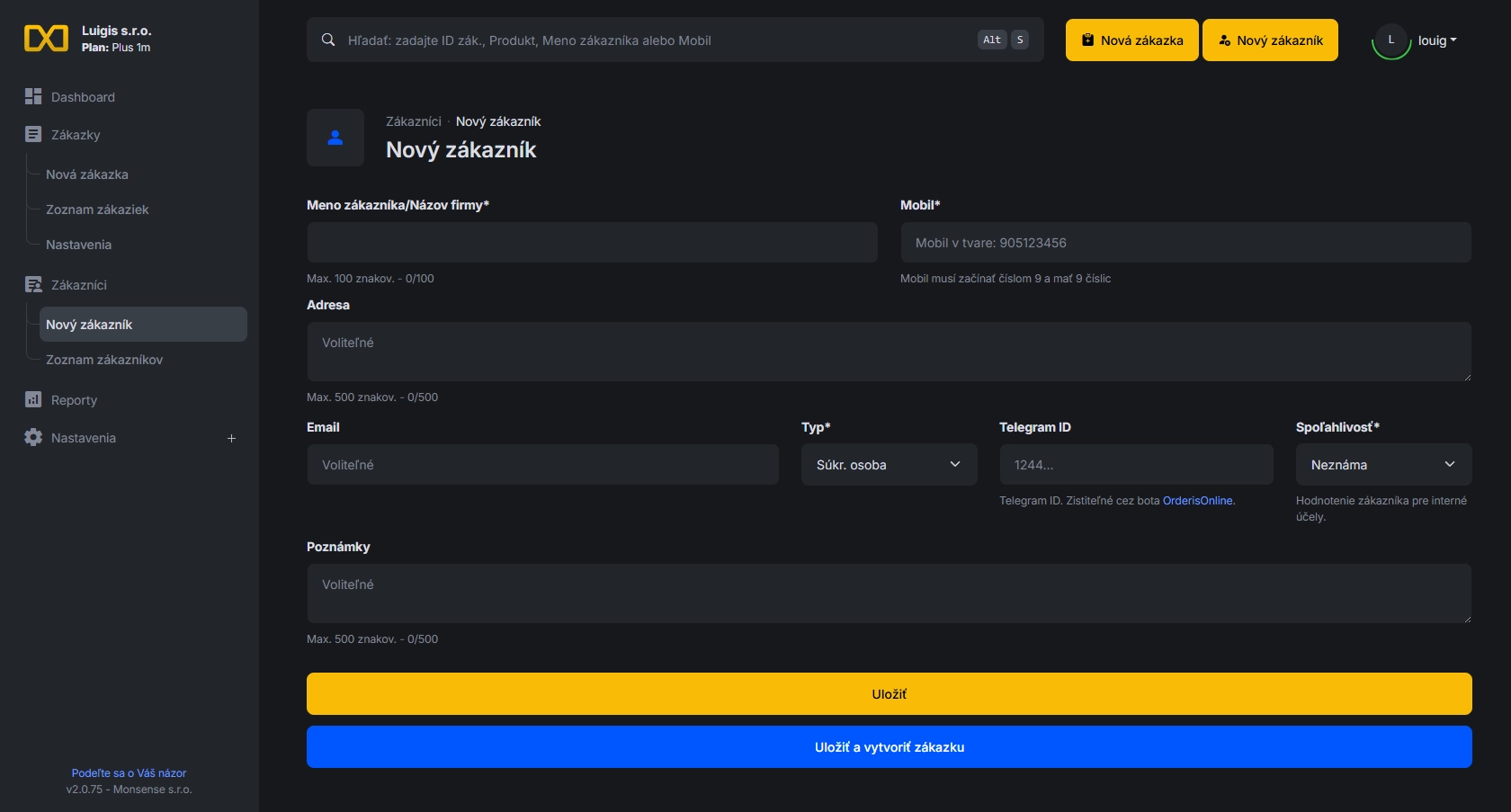Dashboard aplikácie na evidenciu zákazok orderis.online