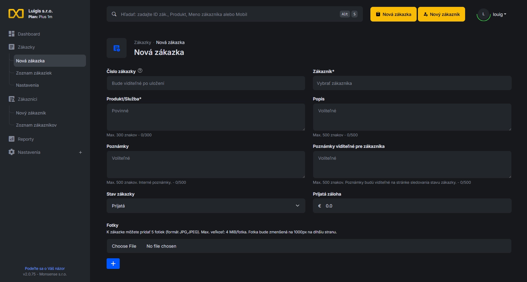 Dashboard aplikácie na evidenciu zákazok orderis.online