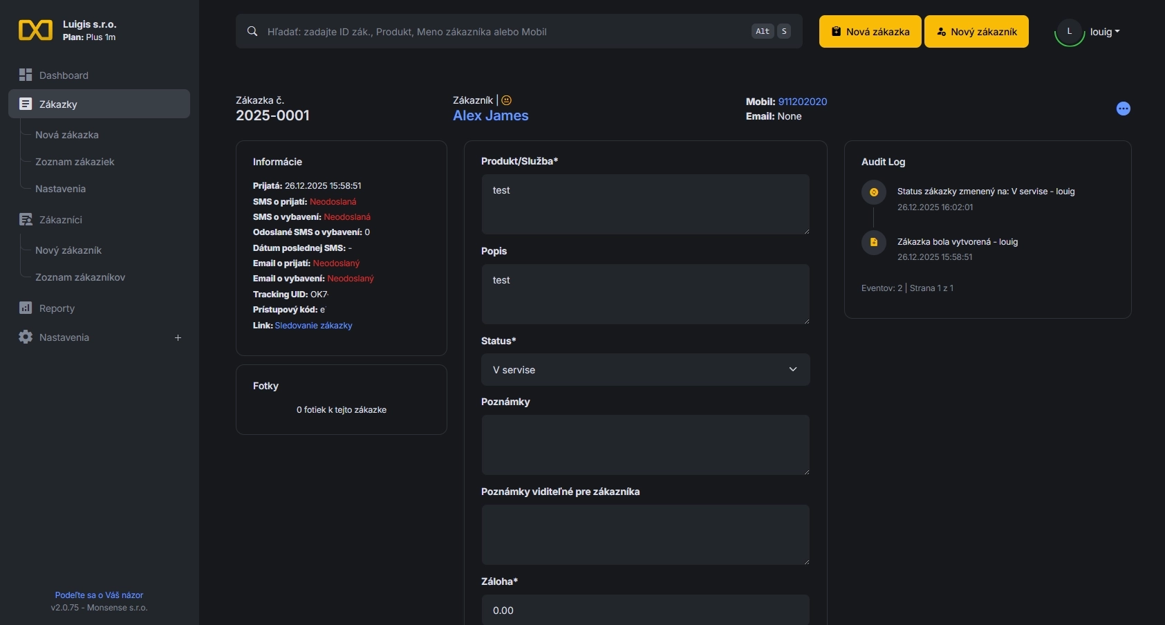 Dashboard aplikácie na evidenciu zákazok orderis.online