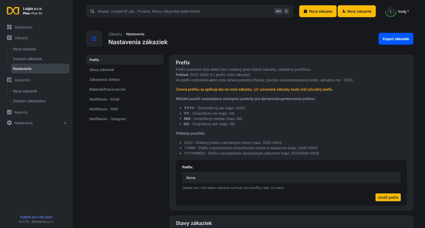 Dashboard aplikácie na evidenciu zákazok orderis.online