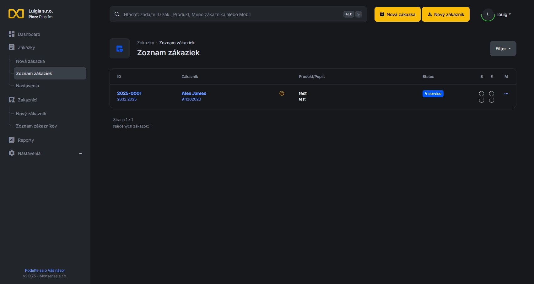 Dashboard aplikácie na evidenciu zákazok orderis.online